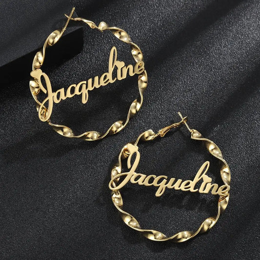 MYDIY Custom Name Hoop Earrings – Personalized Stainless Steel Twist Hoops