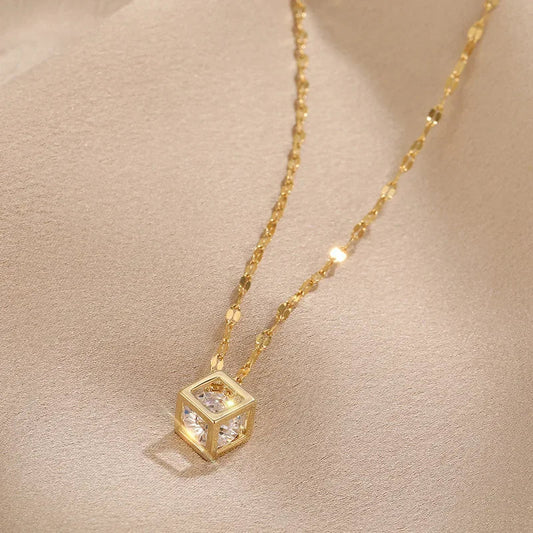 Classic Zircon Crystal Inside Hollow Square Necklace